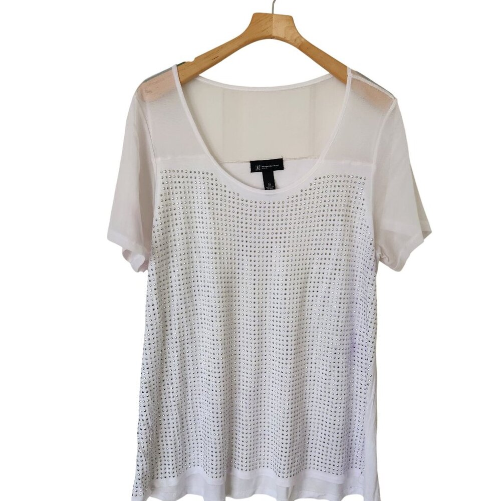INC White Studded Sheer Short Sleeve Top Blingy Glam Sexy Festival Summer Party